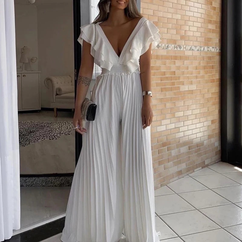 High Street Ruffle Edge One Piece Jumpsuit Fashion Lady Solid Deep V-Neck Party Elegant Women's High Waist Pleat Pant Long Jumpsuit