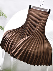 Women's Autumn Winter Spring Elegant Chic Solid Long Pleated Skirt High Waist with Chiffon Liner