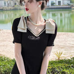 New Fashion Elegant Black Midi Dress Office Party Vintage A-Line V-Neck Pearl Detail Long Dress