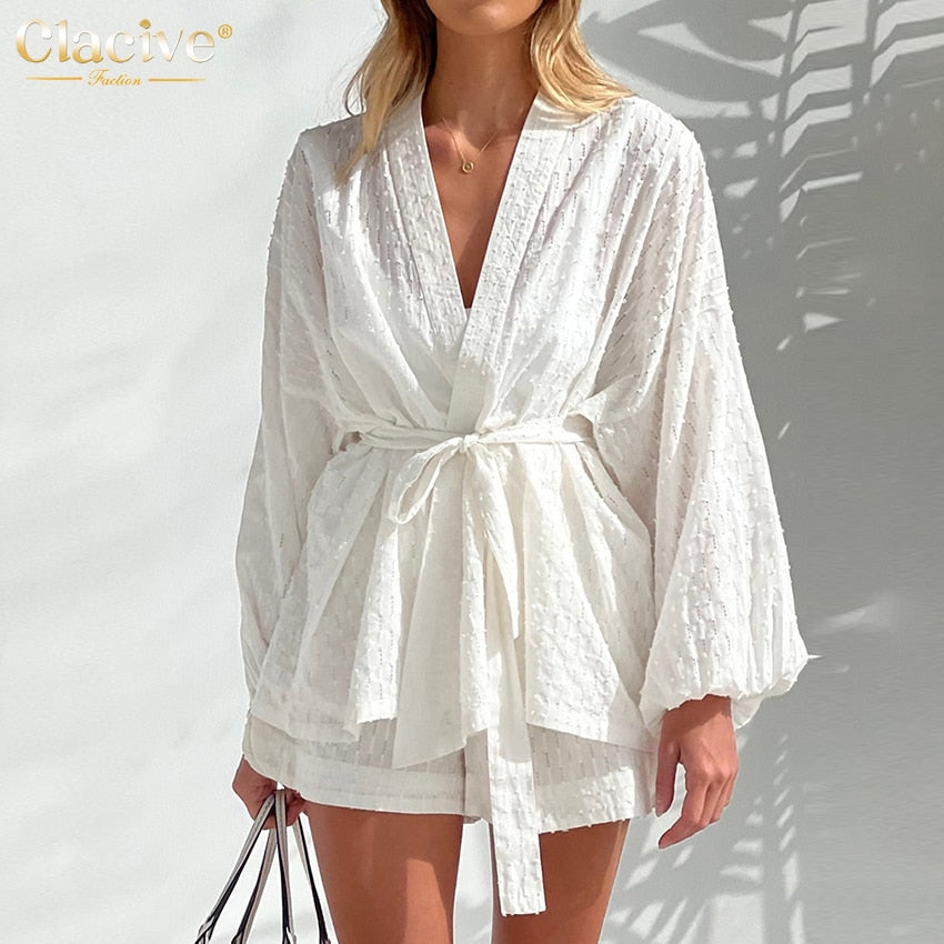 Elegant Long Sleeve Top Two Piece Sets Casual White Home Suit Elegant Shorts & Top