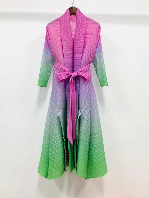 Midi Dress Women Gradient Color Pleated Open Stitch Belt Elegant Party Cocktail Fashion Dress