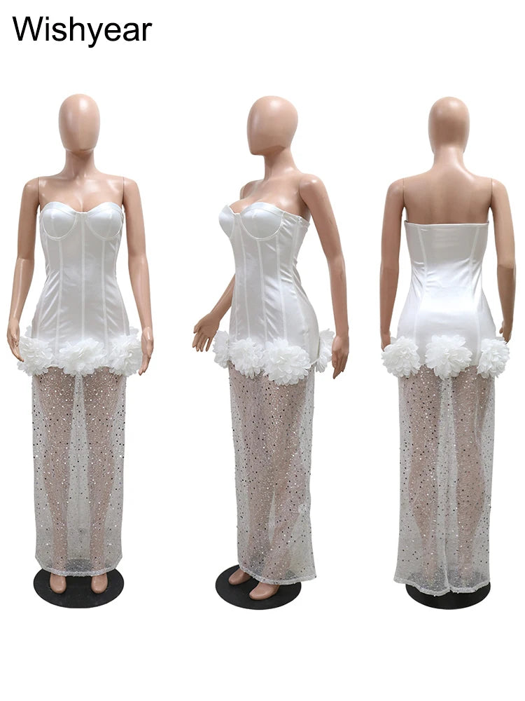 Strapless Mesh Stain 3D-Flower Sequin Off Shoulder Rear Split Long Dress Sexy Party Club Luxury Dress