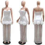 Strapless Mesh Stain 3D-Flower Sequin Off Shoulder Rear Split Long Dress Sexy Party Club Luxury Dress