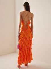 Elegant Pretty Long Dress With Side Split Spring Summer Sleeveless Backless Ruffles Formal Evening Wedding Party Dress