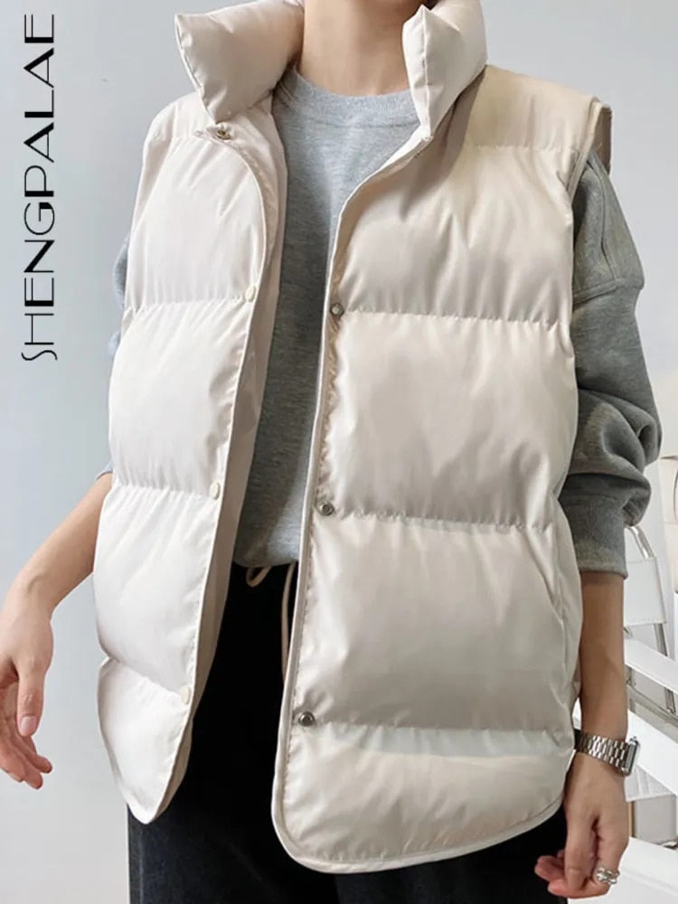 Stand Up Collar Puffer Cotton Filled Vest for Women  Single Breasted Solid Color Vest