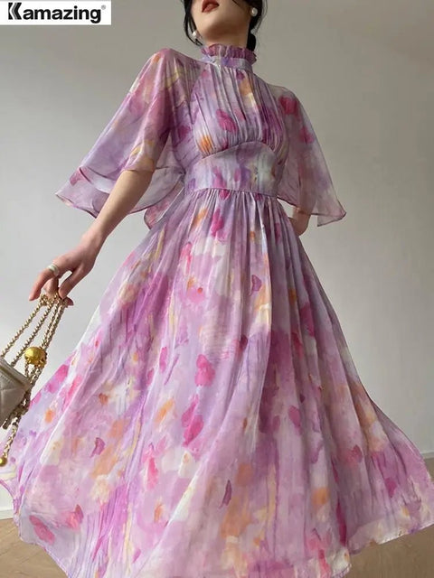 Maxi Dress Women Elegant Slim Print Stand Collar Half Sleeve High Waist Ruched A-Line Long Fashion