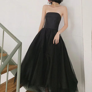 Elegant Strapless Black Tulle Midi Dress Prom Gown