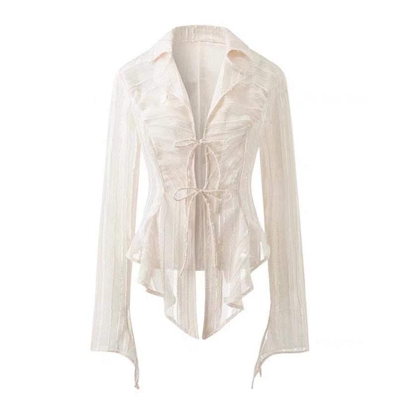 Fairycore Lace Up Blouse Long Sleeve Shirt Turn-down Collar Women's Shirt