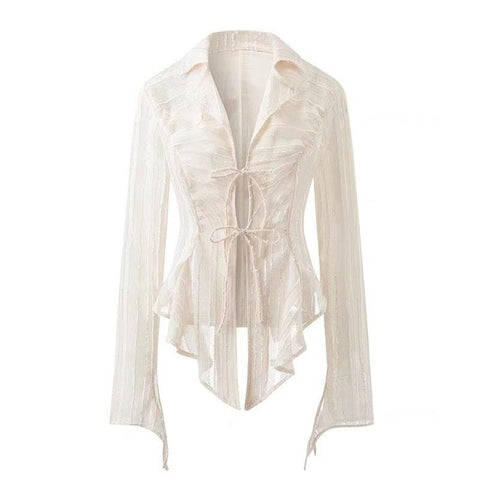 Fairycore Lace-Up Blouse Women Long Sleeve Turn-Down Collar Casual Elegant Fashion Top