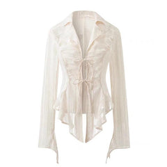 Fairycore Lace Up Blouse Long Sleeve Shirt Turn-down Collar Women's Shirt