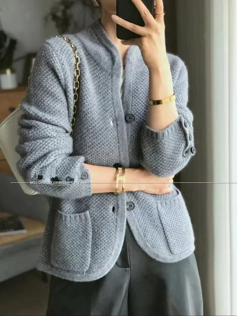 Cashmere Cardigan Women Knitted Premium Wool Long Sleeve Half High Collar Solid Elegant Fashion Top