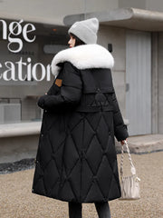 Padded Quilted Women's Long Coat Boutique Style Winter Coat Big Faux Fur Collar Long Warm Puffer Jacket With Belt
