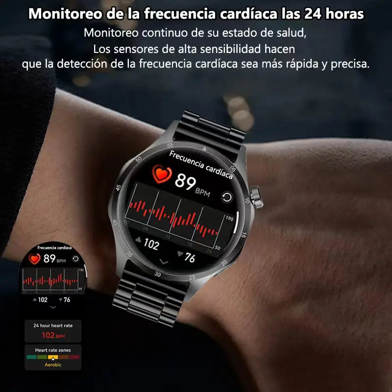 Smartwatch displaying heart rate monitoring on a wrist with text about continuous health status monitoring.