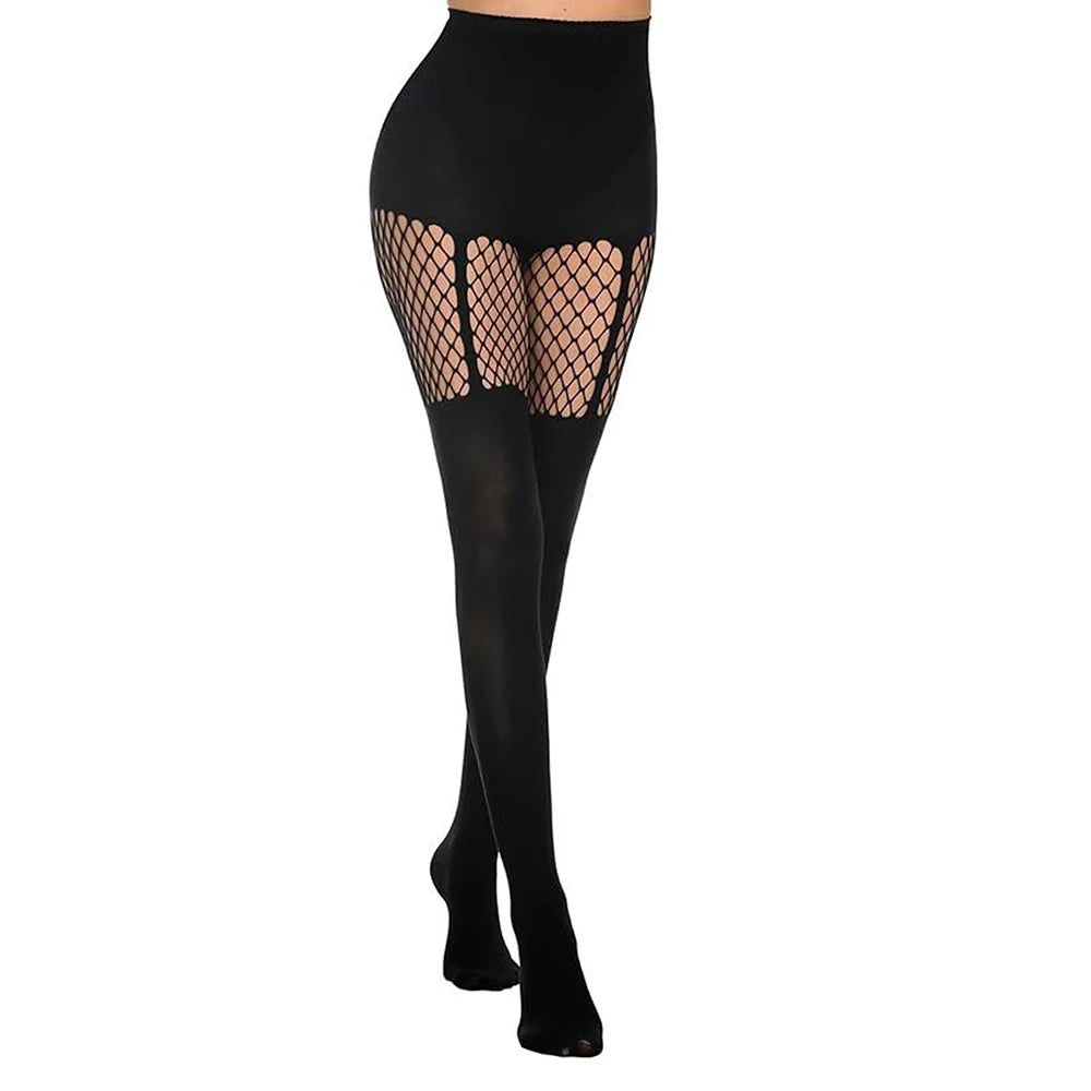 Black fishnet stockings with mesh panels on a white background