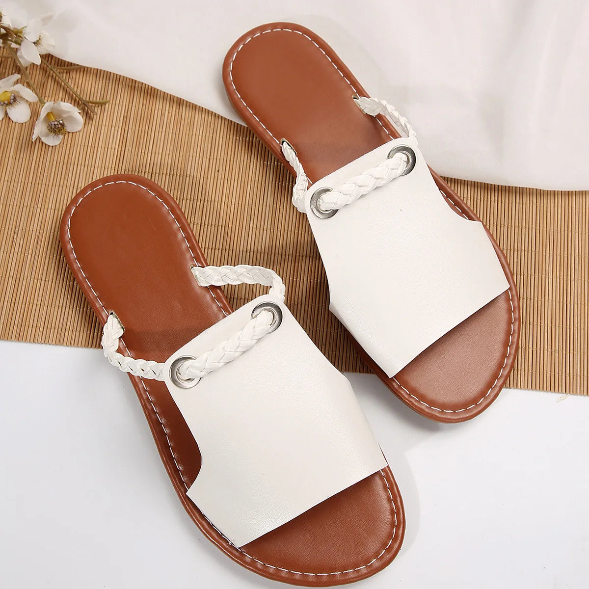 Women's Braided Slip-On Flat Sandals – Casual Open-Toe Summer Slides