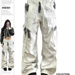 Women's White Cargo Jeans Y2k Vintage High Waist Wide Leg Tie Dye Denim Trousers Baggy Jean Cargo Pants Vintage 2000s