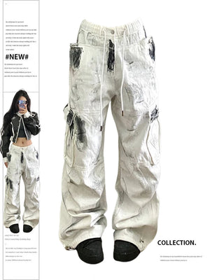 Women's White Cargo Jeans Y2k Vintage High Waist Wide Leg Tie Dye Denim Trousers Baggy Jean Cargo Pants Vintage 2000s