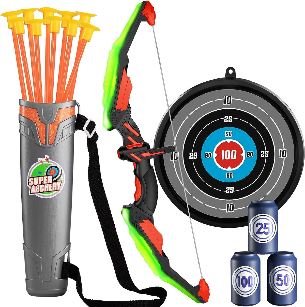 Bow and Arrow Set Kids LED Light Up Archery Toy 10 Suction Cup Arrows Target Quiver Age 5+