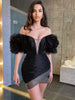 Women's Sexy Off Shoulder  Mini Bodycon Dress Ruffles Mesh Embellished with Crystal Diamonds  Black Bandage Dress Elegant Evening Party Dress