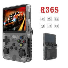 Handheld gaming console with transparent casing displaying a racing game, brand 'R36S' visible.