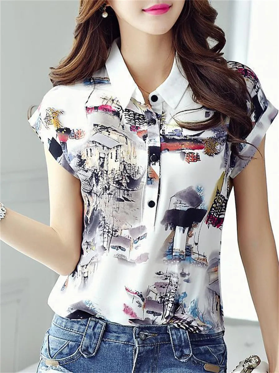 Women's Spring Summer Chiffon Shirt Casual Short Sleeve Blouse Turn-down Collar Casual Loose Printed Tops