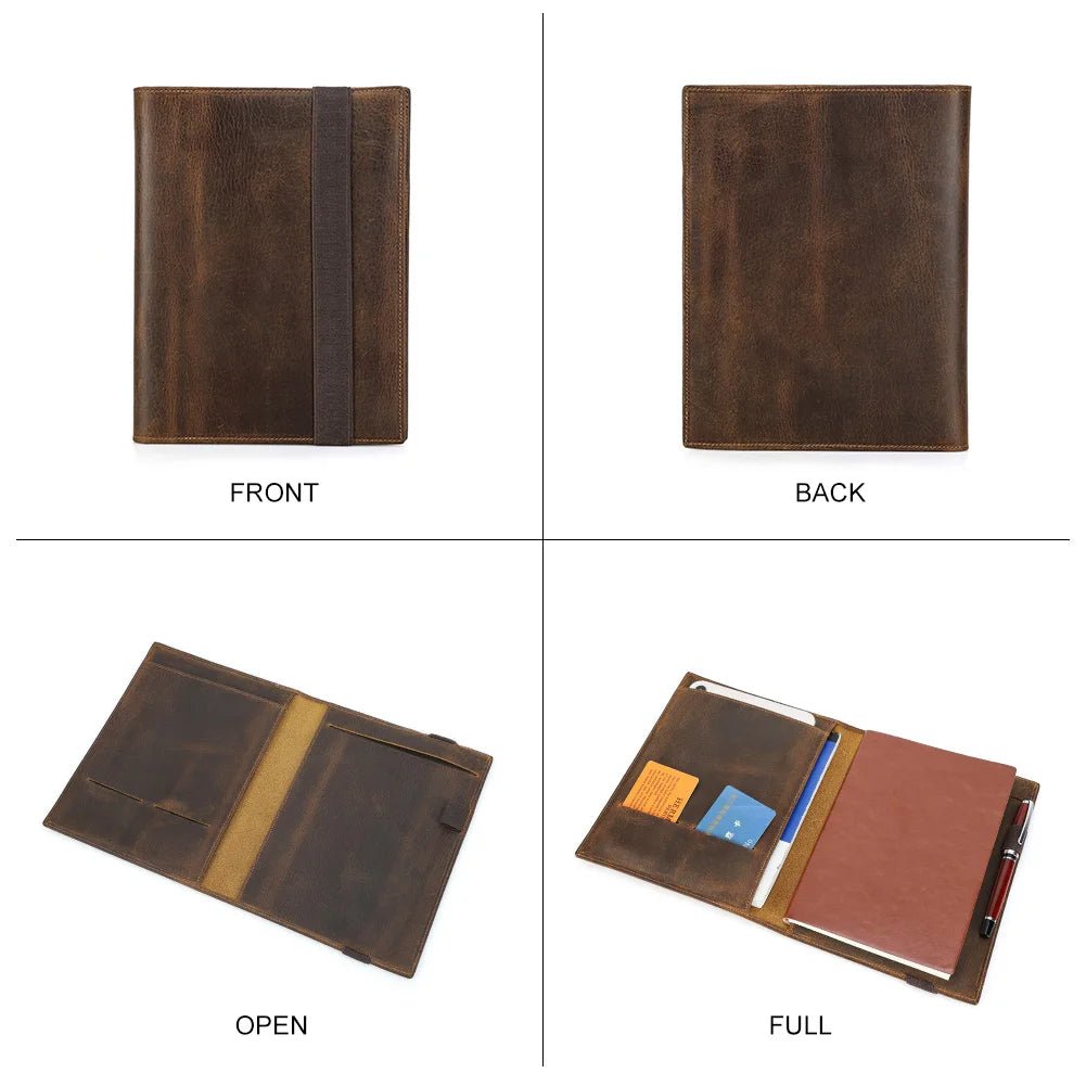 Brown leather notebook with front, back, open, and full views on a white background
