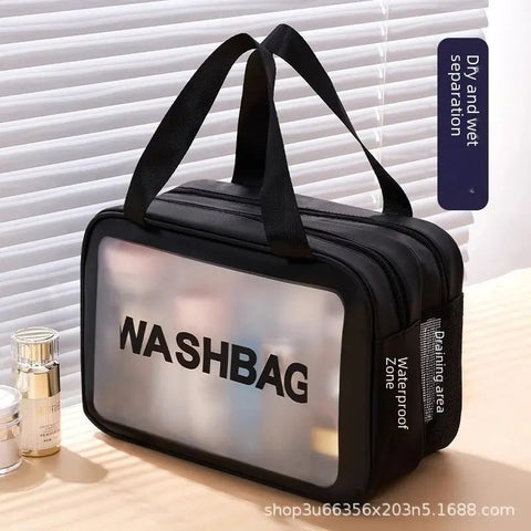 Black wash bag with transparent front panel displaying 'NASHBAG' on a light background.
