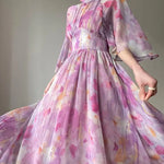 Elegant Slim Print Dress For Women Stand Collar Half Sleeve High Waist Ruched Long A-Line Dress