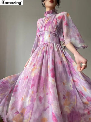 Elegant Slim Print Dress For Women Stand Collar Half Sleeve High Waist Ruched Long A-Line Dress