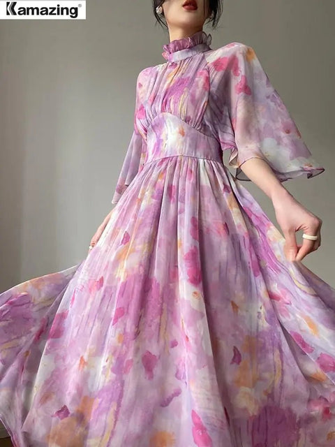 Maxi Dress Women Elegant Slim Print Stand Collar Half Sleeve High Waist Ruched A-Line Long Fashion