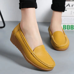 Women's Wedge Heel Shoes New Leather Slip On Loafers Casual Flats