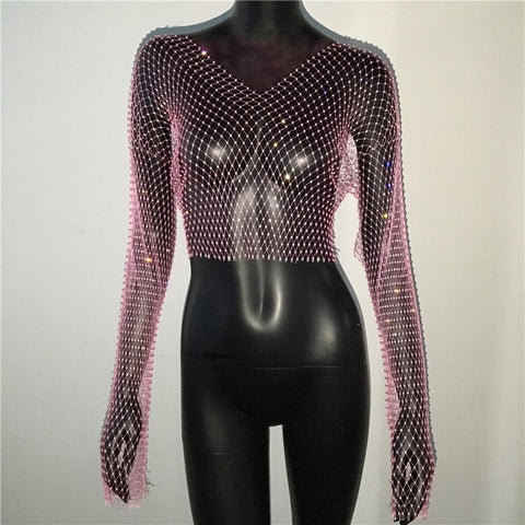 Rhinestone Fishnet Top Women Crystal Diamond Mesh Sparkling Sheer Long Sleeve Party Fashion
