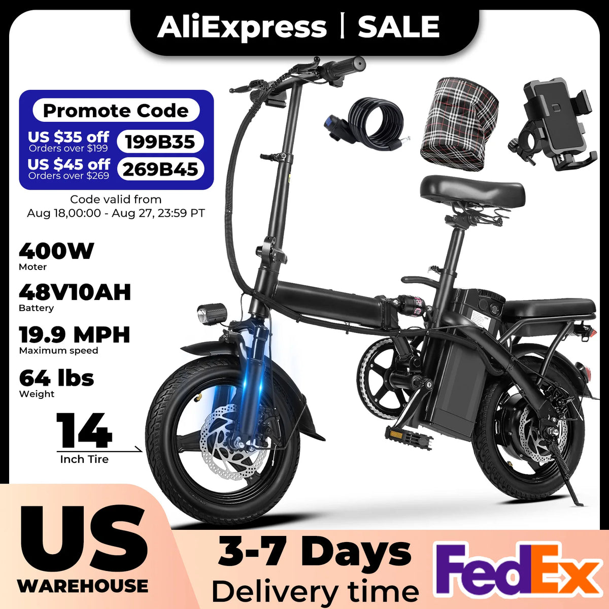 Electric bike with accessories on a white background, featuring AliExpress sale text.