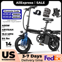 Electric bike with accessories on a white background, featuring AliExpress sale text.