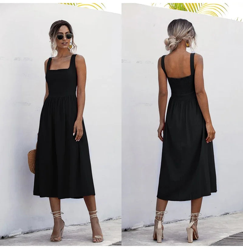 Long Backless Summer Dress Sexy Casual Ruched Midi Sundresses Pleated Spaghetti Straps