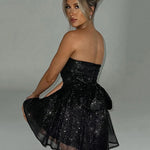 Elegant Strapless Sexy Mini Dress for Women Fashion Black Off-Shoulder Backless Pleated Sequins Sparkle Club Party Dress