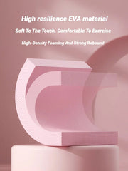 Pink EVA foam block mat with text about material properties on a pink background
