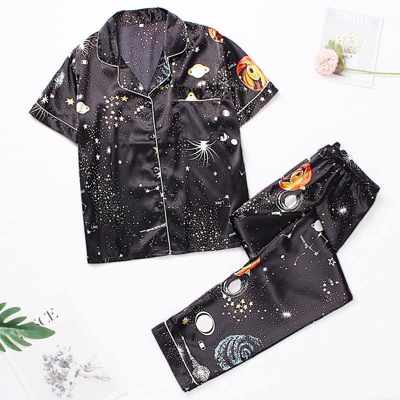 Silk Pajama Set Women 2-Piece Nightwear Tops Pants Casual Loungewear Sleepwear Fashion