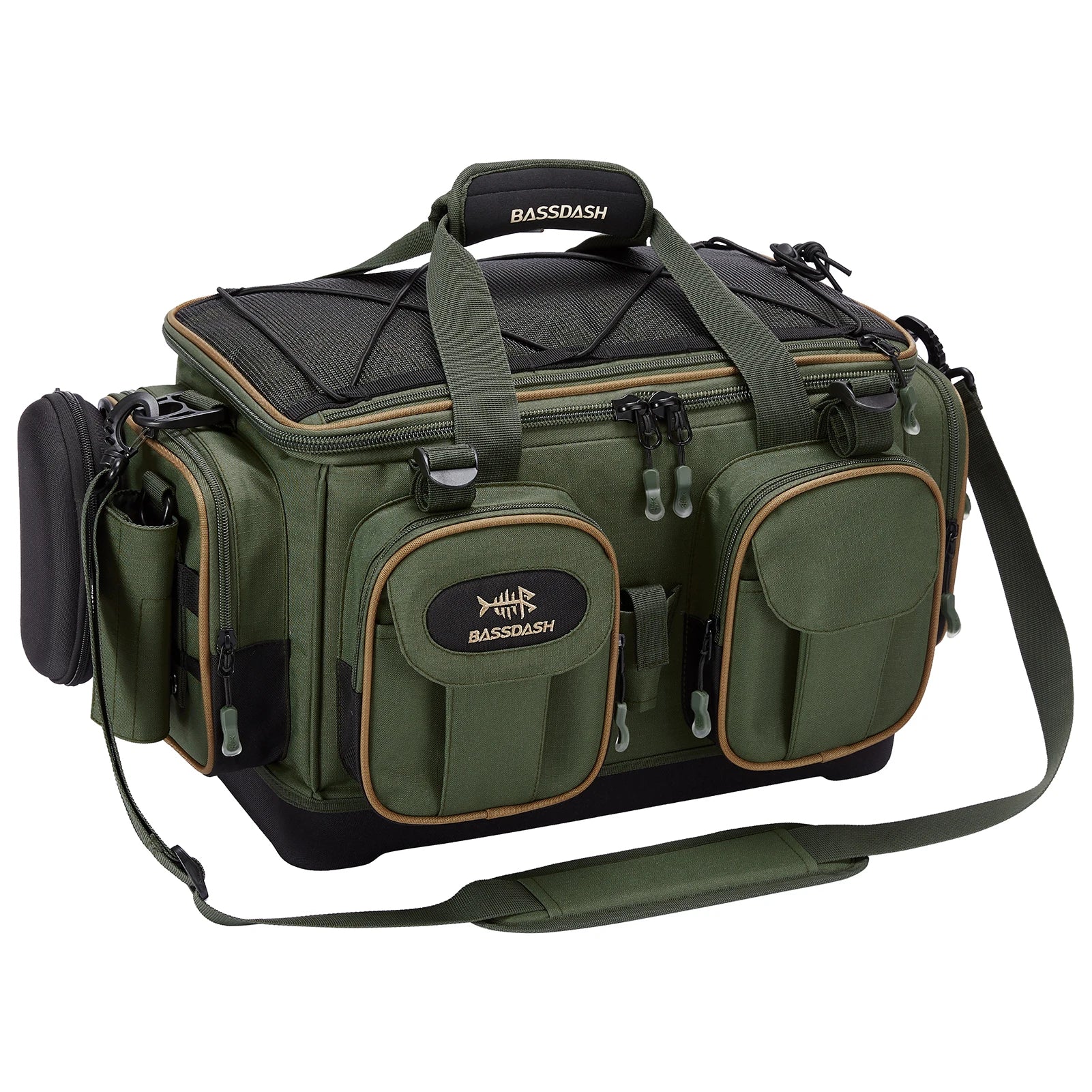 Green and black fishing bag with multiple compartments on a white background