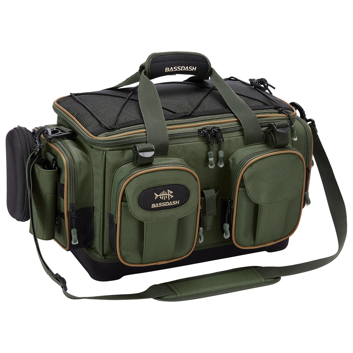 Green and black fishing bag with multiple compartments on a white background