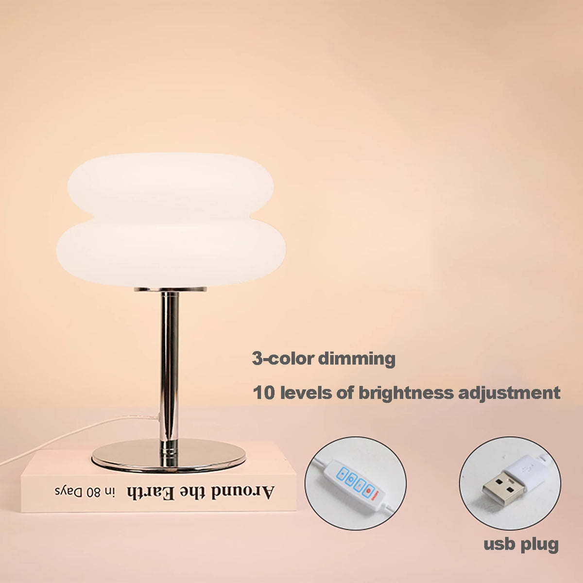 Table lamp with 3-color dimming and USB plug features on a beige background