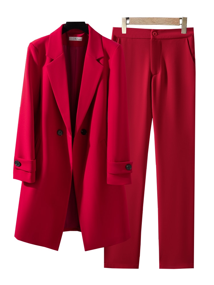 2 Piece Long Formal Blazer Set Long Formal Female Office Ladies Jacket and Trouser Work Business Wear Pant Suit