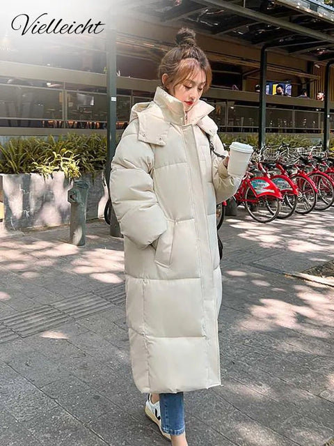 Quilted Winter Coat Women Extra-Long Hooded Thick Warm Padded Loose Casual Outerwear Fashion