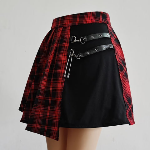 High Waist Mini Skirt Women Punk Irregular Pleated Asymmetric Cutout Gothic Plaid Fashion Skirt