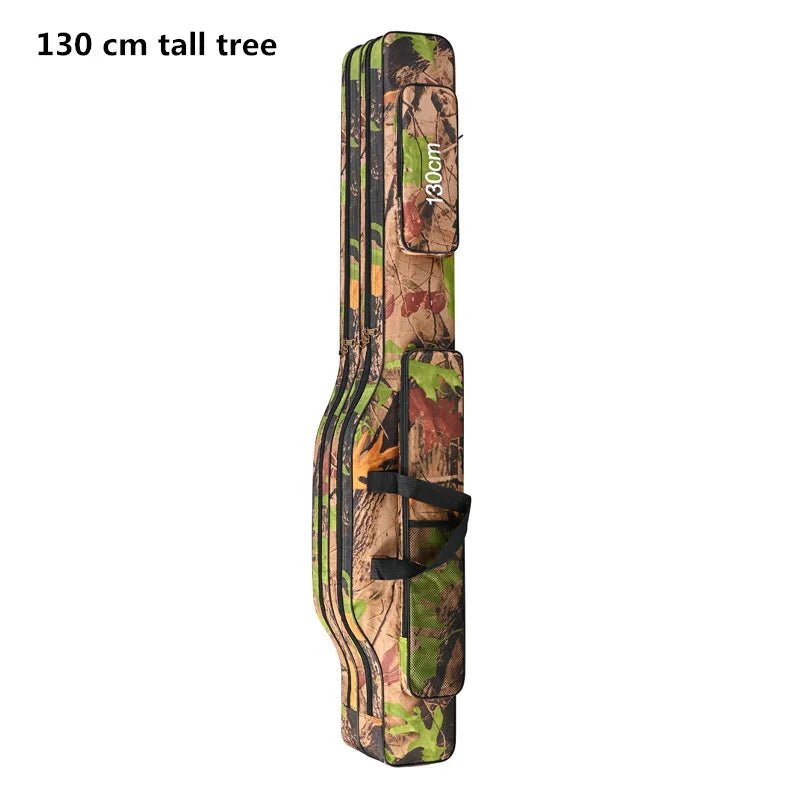 Camouflage-patterned bow case with '130 cm tall tree' text on a white background