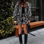 Two-Piece Embroidered Jacket and Shorts Set – Black and White Floral Pattern O-Neck Lantern Sleeve Coat High Waist Short Pants