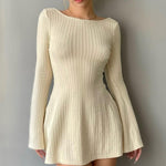 Women's High Quality Knit Backless Mini Dress for Elegant Long Sleeve Short Dress