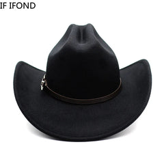 Black cowboy hat with leather band on a white background