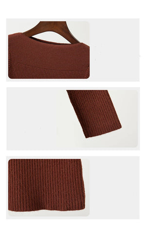 Ribbed Slash Neck Slim Sweater Knitted Long Sleeve Office Casual Solid Pullovers For Women