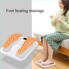 Foot heating massage device with a person using it on a scale.